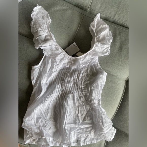 H&M hm White Ruffle trimmed Cotton V Neck Front & Back Peplum Pin-tuck Top XXS - Picture 5 of 7